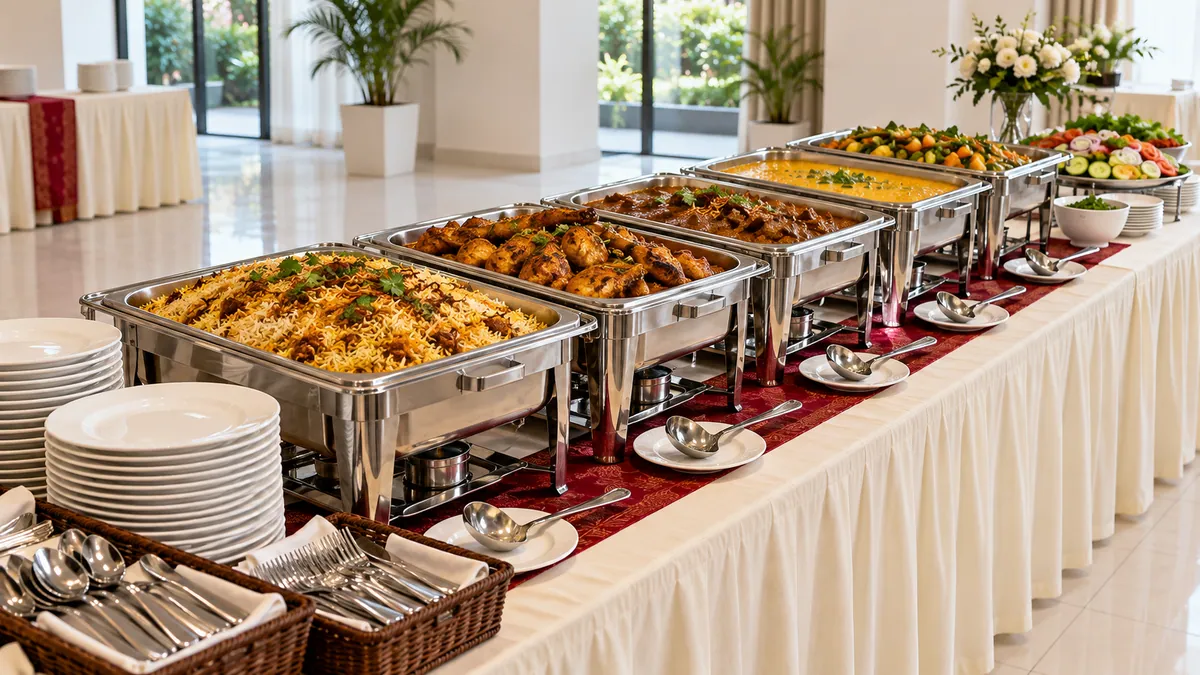 Illustrative Bangladeshi buffet line with biryani, chicken, beef curry, dal, vegetables and serving plates
