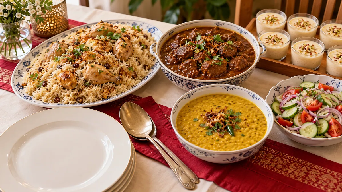 Illustrative small-gathering menu with chicken polao, beef curry, dal, salad and payesh cups