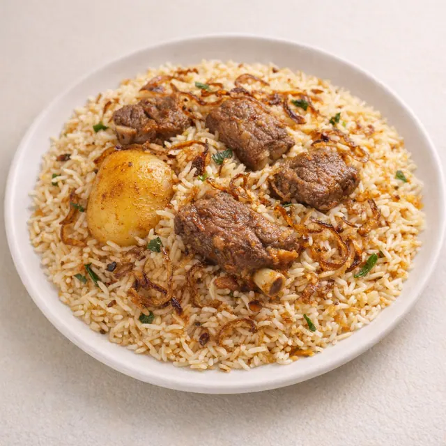Illustrative Bangladeshi catering spread of beef biryani and sides prepared ahead of an early catering booking in Shah Alam