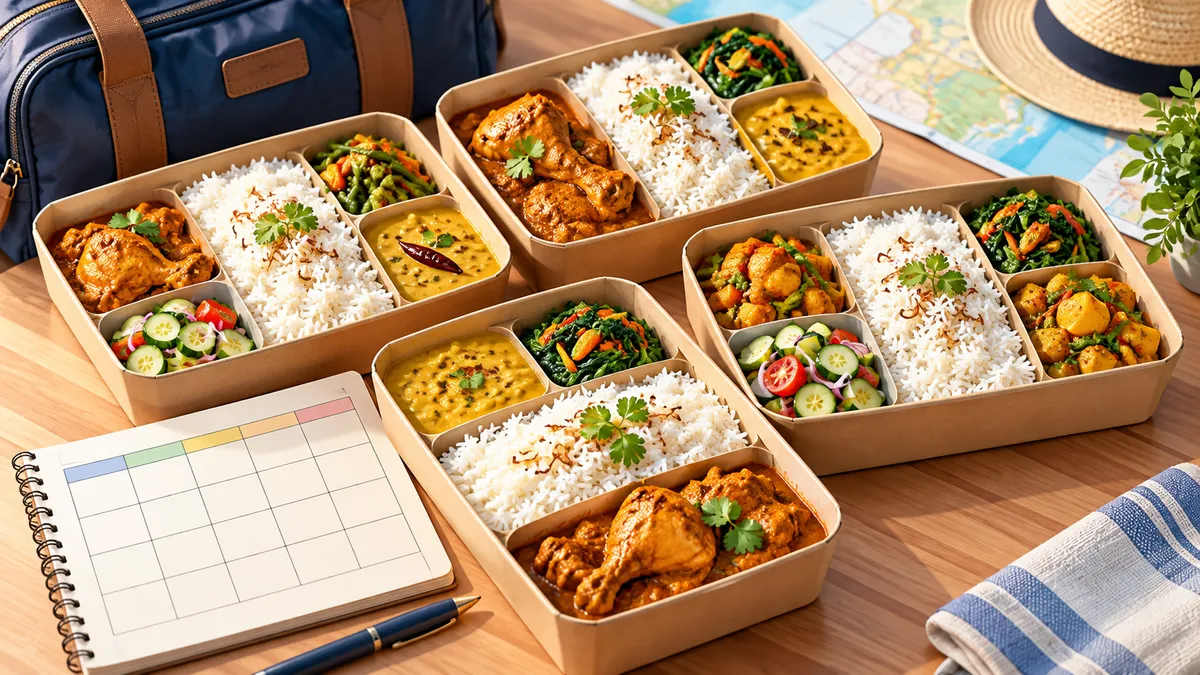 AI illustration of rice meal boxes beside a blank meal schedule and travel bag