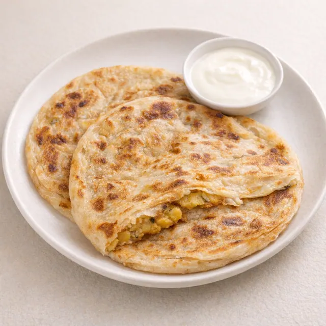 Illustrative aloo paratha from Panta Jol's live menu, shown with sides that pair well for a complete meal