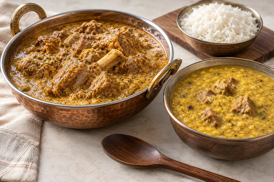 Illustrative Mutton Korma, Mutton Dal, Plain Rice serving arrangement