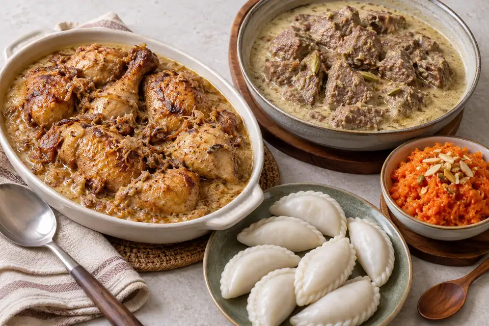 Illustrative Chicken Roast, Beef Rezala, Puli Pitha, Gajor Halua serving arrangement
