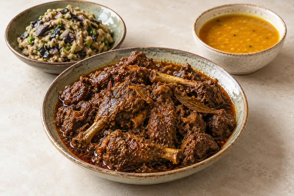 Illustrative Duck Bhuna, Begun Vorta, Mosur dal Plain serving arrangement