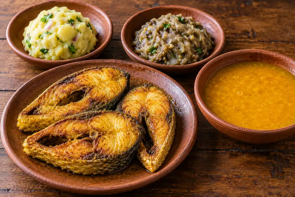 Illustrative Ilish Bhaja, Alu Vorta, Begun Vorta, Mosur dal Plain serving arrangement