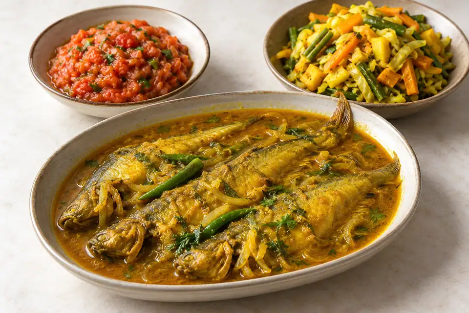 Illustrative Pabda Fish Curry, Tomato Vorta, Mixed Vegetable Bhaji serving arrangement