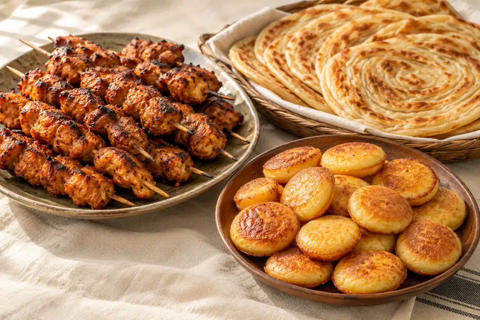 Illustrative Chicken Tikka, Paratha, Dimer Pitha serving arrangement