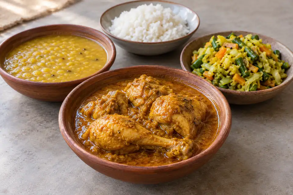 Illustrative Chicken Curry, Mosur dal Plain, Mixed Vegetable Bhaji, Plain Rice serving arrangement