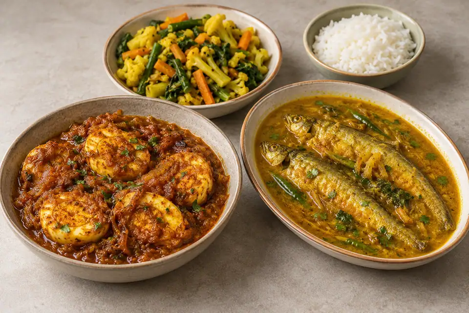 Illustrative Dim Bhuna, Pabda Fish Curry, Mixed Vegetable Bhaji, Plain Rice serving arrangement