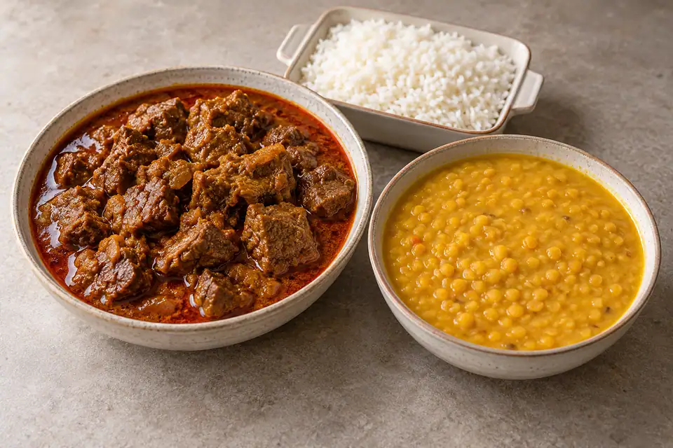 Illustrative Beef Curry, Mosur dal Plain, Plain Rice serving arrangement