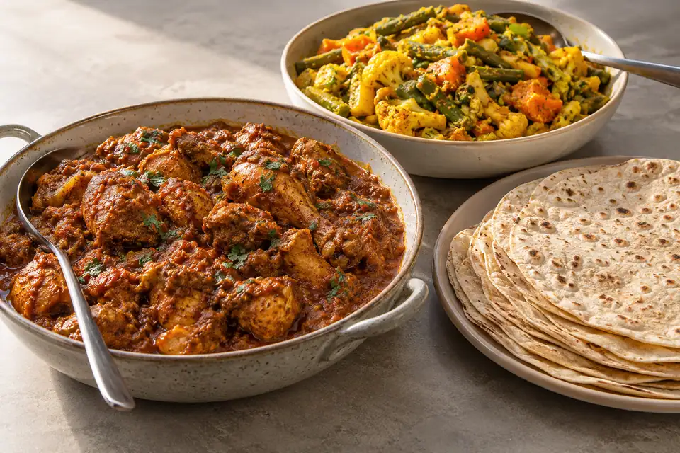 Illustrative Chicken Bhuna, Mixed Vegetable Bhaji, Roti serving arrangement