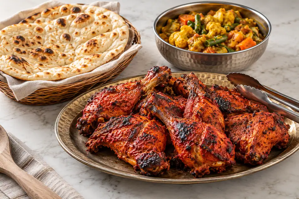 Illustrative Chicken Tandoori, Plain Naan, Mixed Vegetable Bhaji serving arrangement