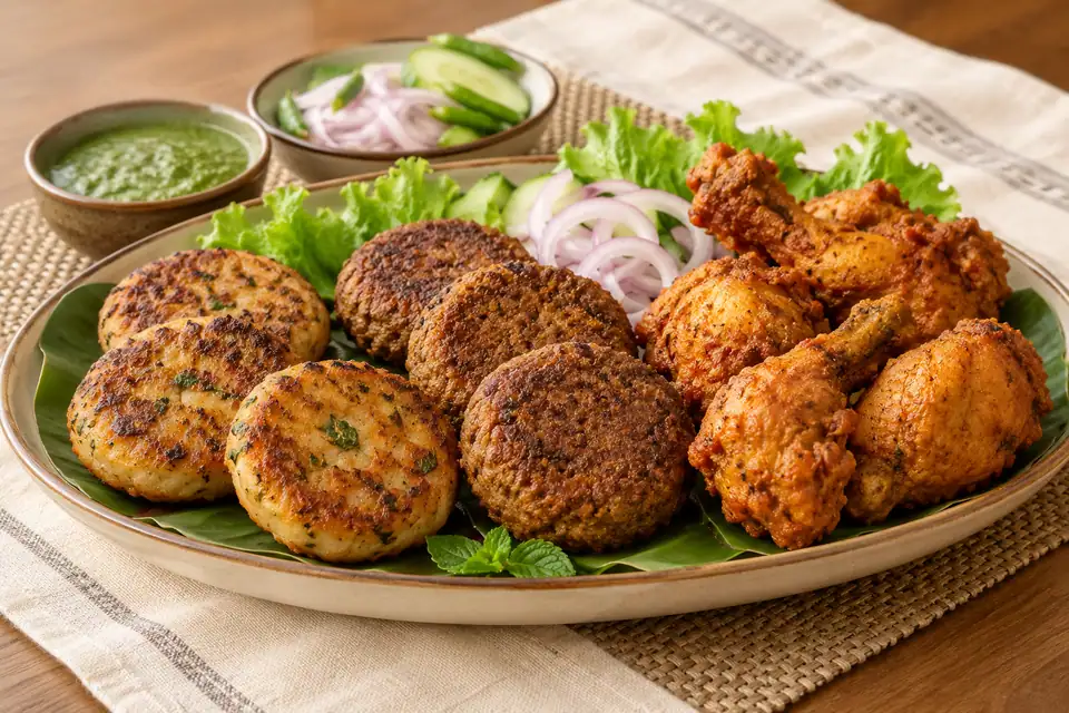 Illustrative Fish Kebab, Shami Kebab, Chicken Fry serving arrangement
