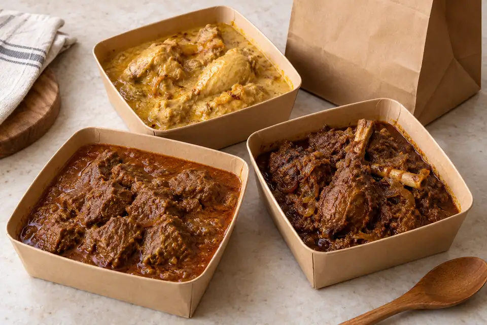 Illustrative Beef Curry, Chicken Korma, Duck Bhuna serving arrangement