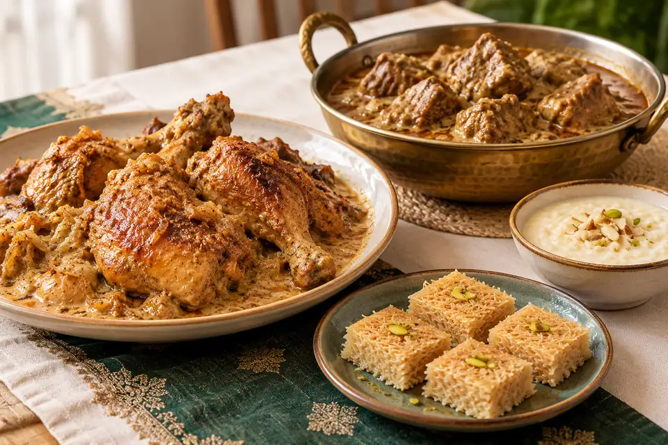 Illustrative Chicken Roast, Beef Korma, Semai Borfi, Payesh serving arrangement