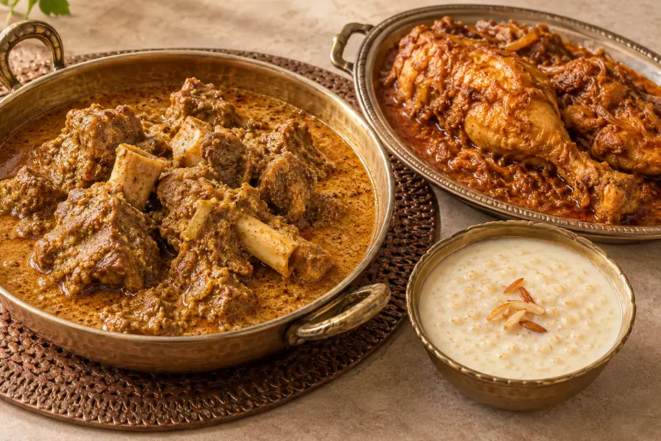 Illustrative Mutton Korma, Chicken Roast, Payesh serving arrangement