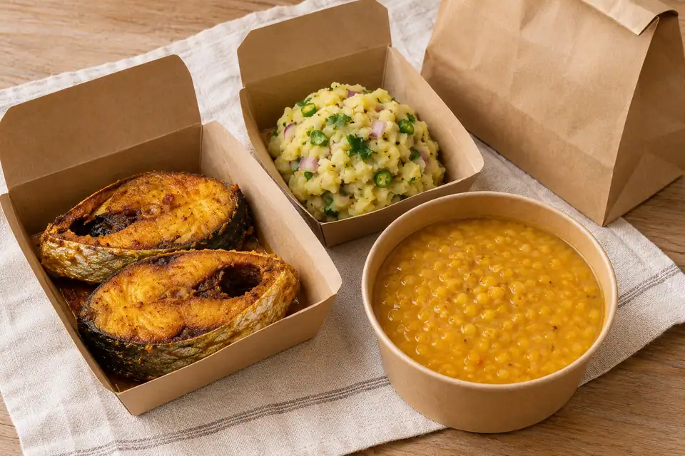 Illustrative Ilish Bhaja, Alu Vorta, Mosur dal Plain serving arrangement