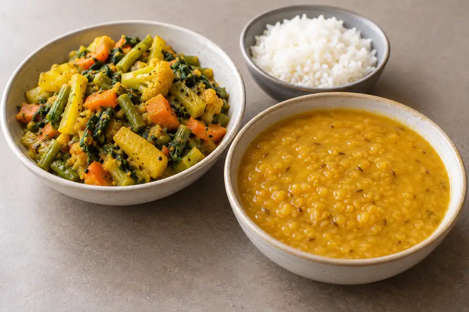 Illustrative Mixed Vegetable Bhaji, Mosur dal Plain, Plain Rice serving arrangement