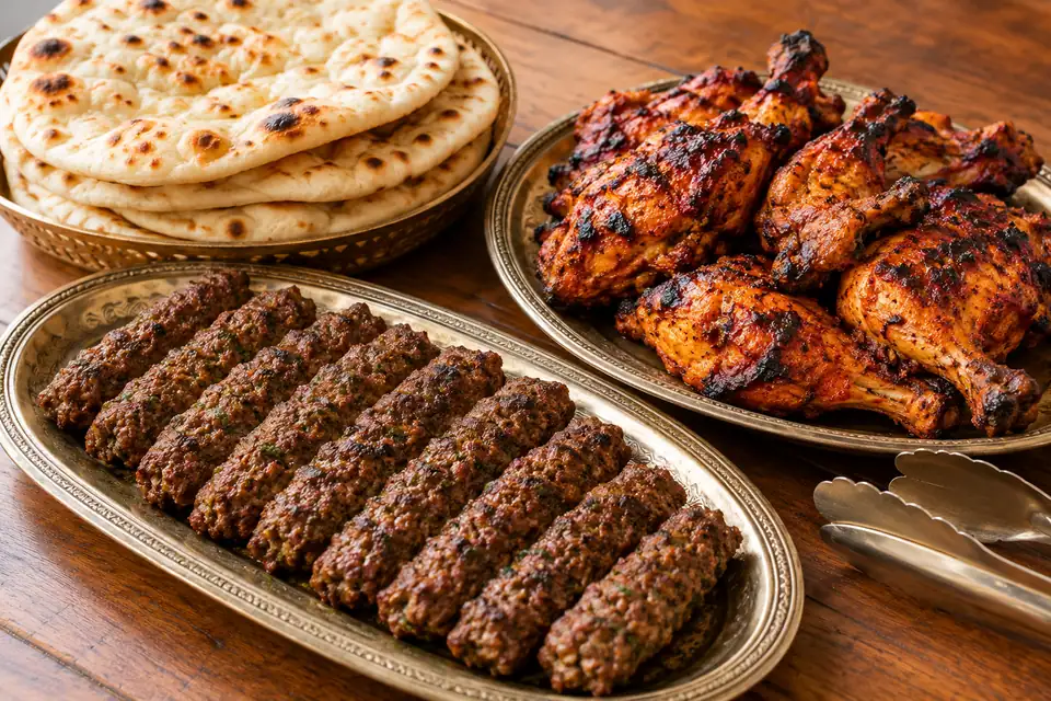 Illustrative Beef Seekh Kebab, Chicken Tandoori, Plain Naan serving arrangement