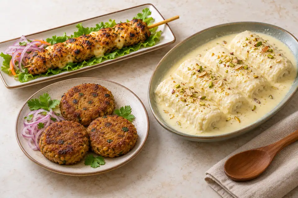 Illustrative Chicken Cheese Kebab, Shami Kebab, Bread Malai Roll serving arrangement