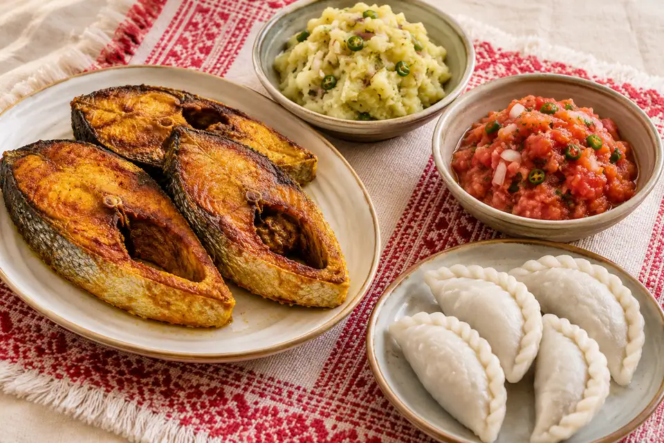 Illustrative Ilish Bhaja, Alu Vorta, Tomato Vorta, Puli Pitha serving arrangement