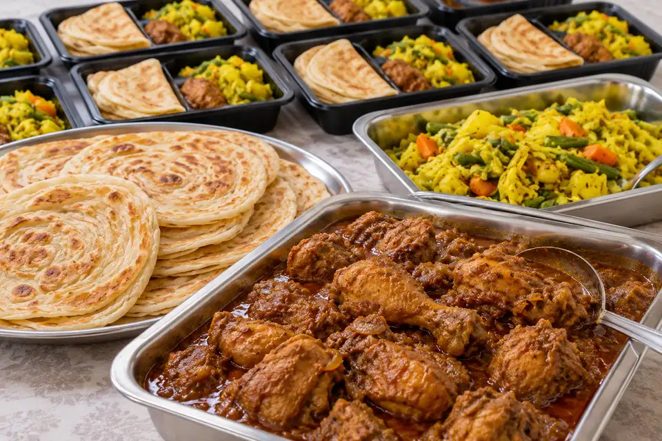 Illustrative Chicken Bhuna, Paratha, Mixed Vegetable Bhaji serving arrangement