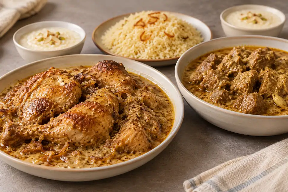 Illustrative Chicken Roast, Beef Korma, Polao, Payesh serving arrangement