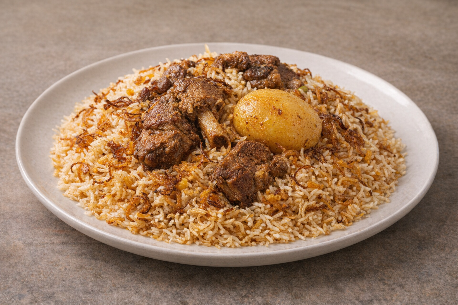 Authentic Bangladeshi kacchi biryani with mutton, potato and fried onions