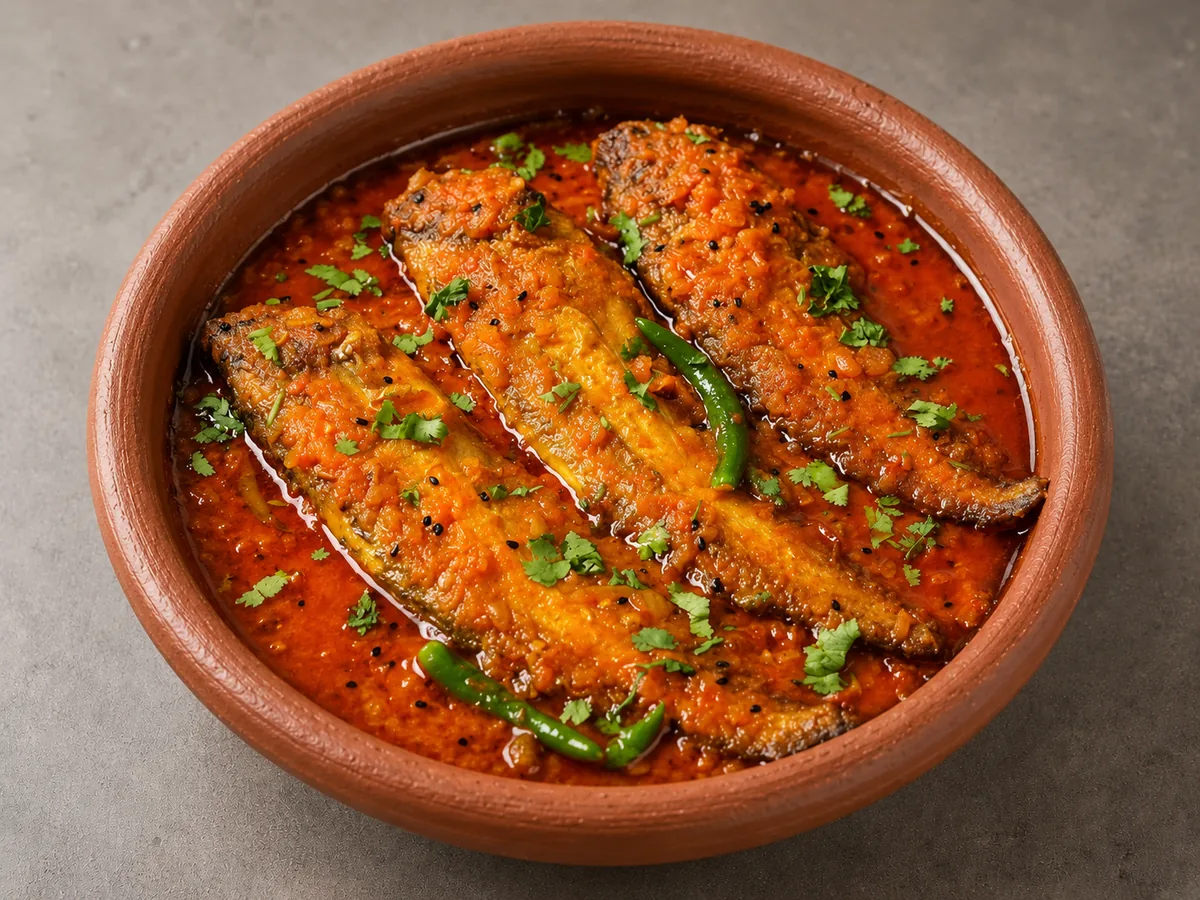 Authentic Bangladeshi Pabda Fish Curry served in a traditional clay bowl at Panta Jol