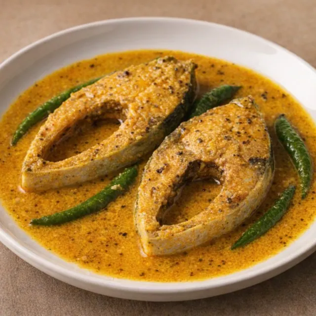 Shorshe ilish showing mustard based Bangladeshi fish curry
