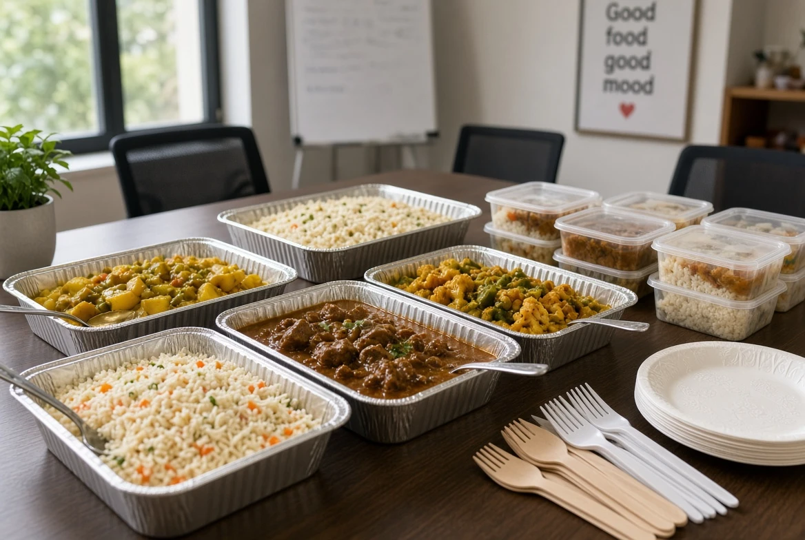 Illustrative catering spread with biryani, chicken curry, dal, cucumber salad and individual rice pudding cups