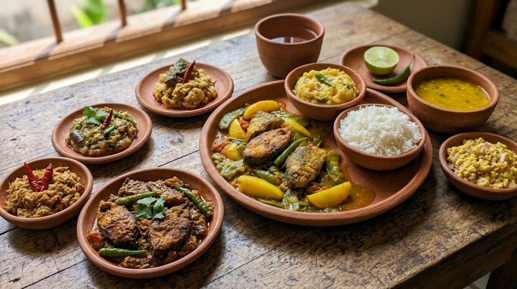 Illustration of thick beef bhuna, light fish jhol, potato vorta and eggplant vorta
