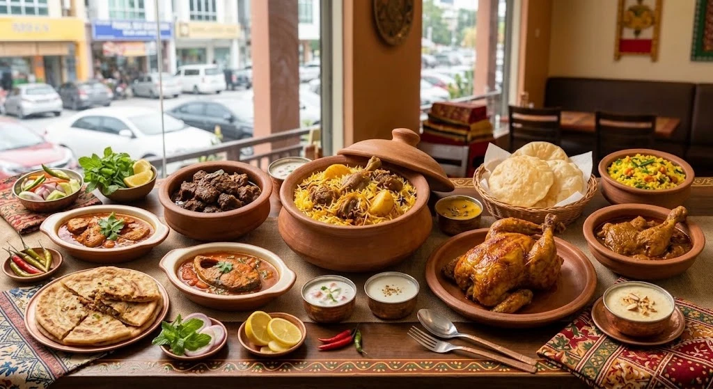 Illustration of kacchi biryani, fried hilsa, beef bhuna, chicken roast, dal, bhorta and payesh