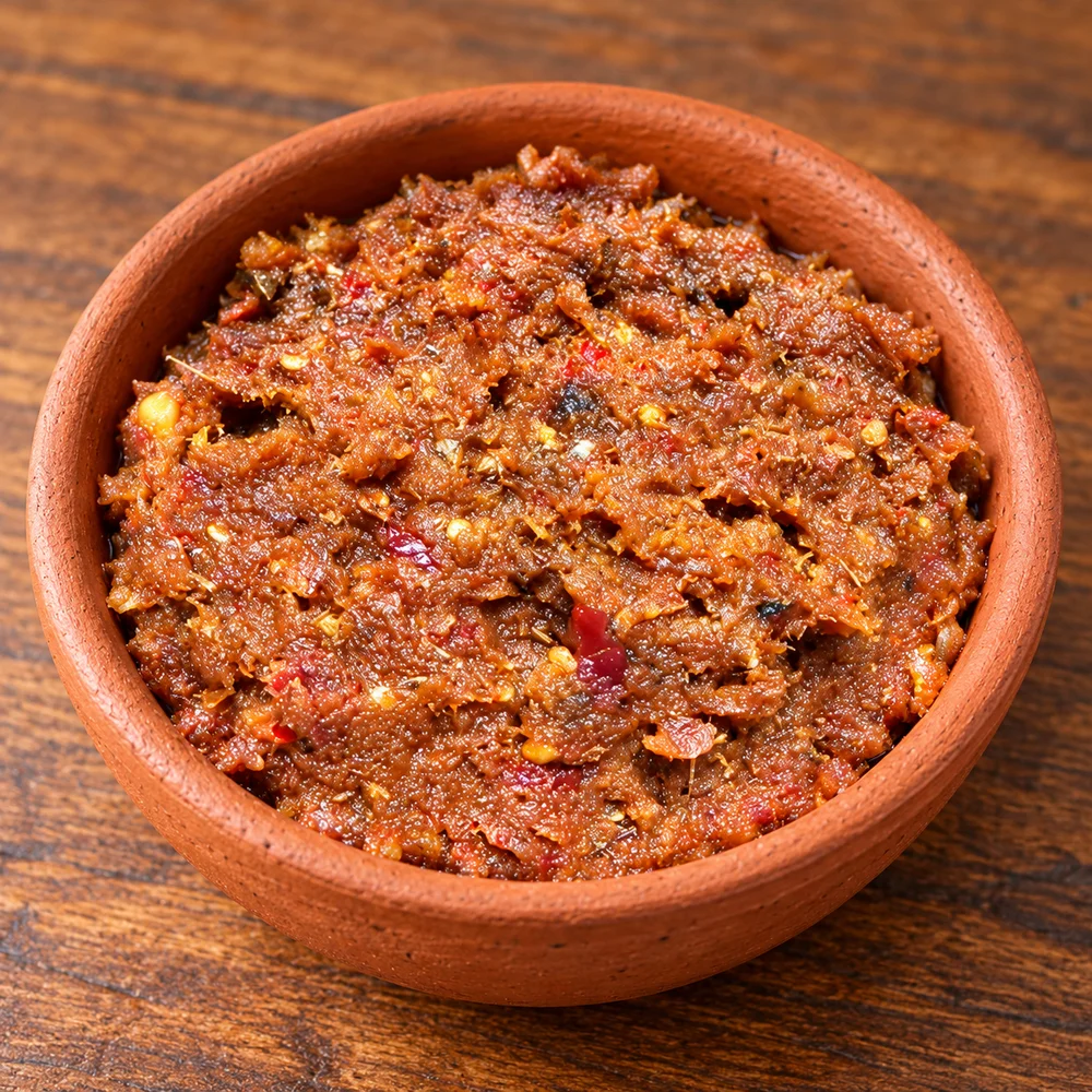 Chaapa shutki bagar vorta served in a small terracotta clay bowl